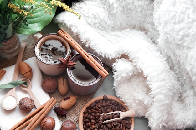 Zwei Tassen Kaffee mit Macadamia-Nüssen und Zimt auf einem Hintergrund von Decken