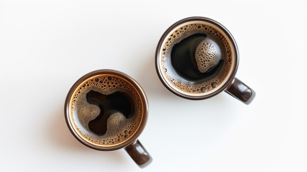 Zwei Tassen Kaffee mit Schaum, die von oben auf einem weißen Hintergrund gesehen werden
