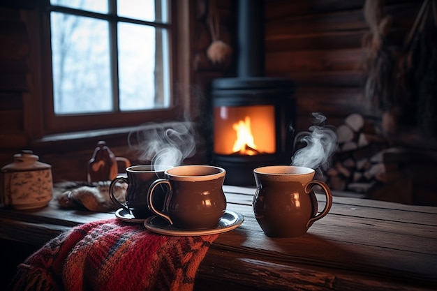 Zwei Tassen Kaffee stehen auf einem Tisch vor einem Kamin mit einer Decke mit der Aufschrift „Winter“.