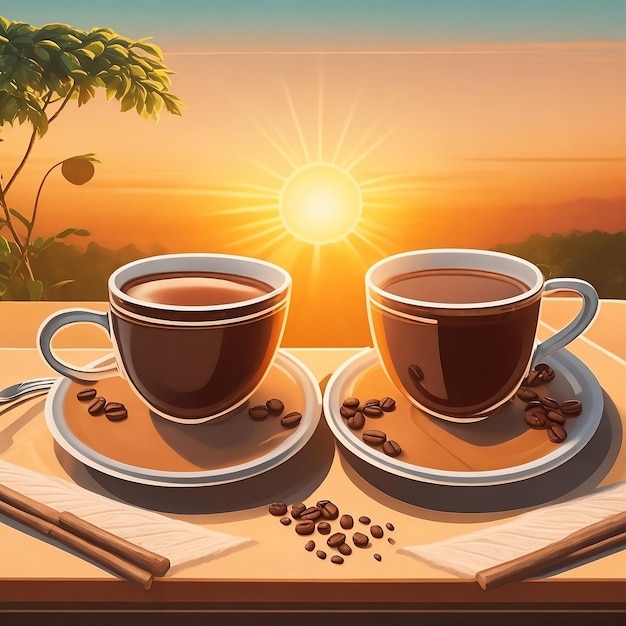 zwei Tassen Kaffee und ein Teller mit einem Sonnenuntergang im Hintergrund