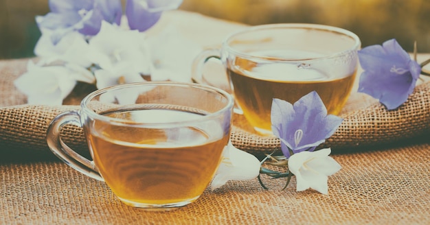 Zwei Tassen Kräutertee auf einem Tisch, der mit Sackleinen bedeckt ist, die mit Bluebell-Blumen im Garten dekoriert sind Horizontales Banner