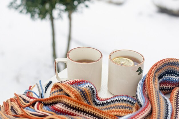 Zwei Tassen Tee auf einem Tisch im Wintergarten