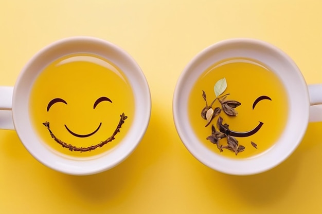 Zwei Tassen und ein Lächeln von trockenen Teeblättern auf einem gelben Hintergrund Internationaler Tee-Tag 21. Mai Verkauf von Tee