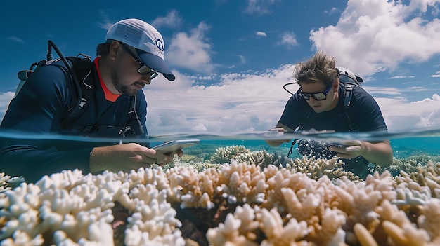 Foto zwei taucher untersuchen ein korallenriff, das wasser ist kristallklar und die sonne scheint hell über ihnen.