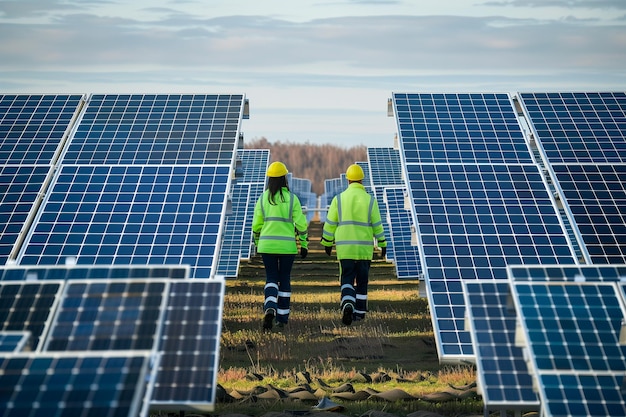 Zwei technische Ingenieure gehen durch eine Solaranlage Konzept erneuerbare Energie Umwelttag
