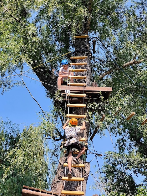 Zwei Teenager auf einer Strickleiter an die Spitze eines Baumes in einem Seilpark in Sicherheitsmunition
