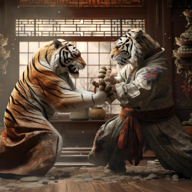 Zwei Tiger kämpfen auf der Tatami-Matte