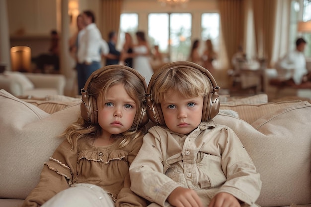 Zwei traurige Kinder sitzen mit Kopfhörern auf der Couch vor dem Hintergrund ihrer Elternfeier