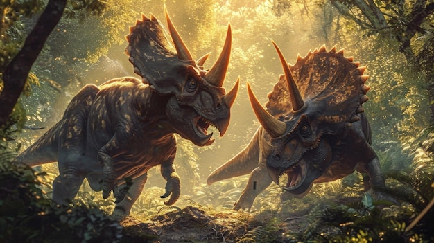 Foto zwei triceratops kämpfen sich, ihre scharfen hörner glänzen im warmen sonnenlicht.