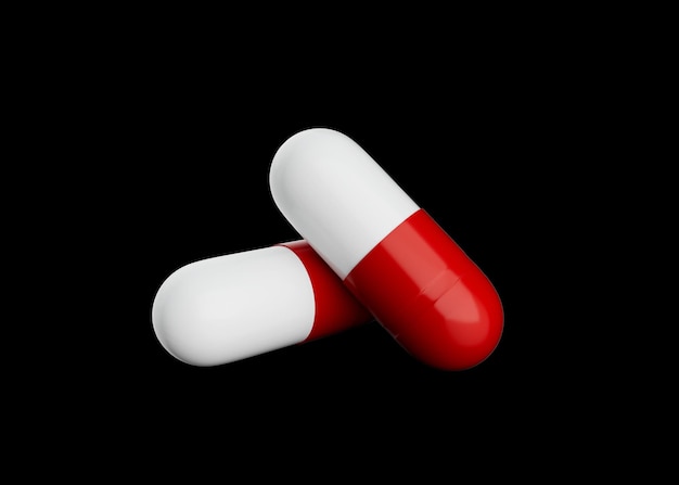 Zwei überlappende rote und weiße pharmazeutische Kapseln auf schwarzem Hintergrund 3D-Illustration