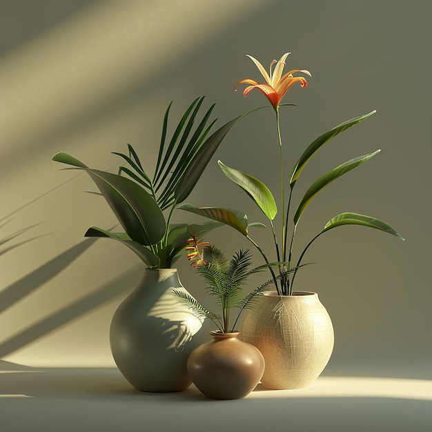 zwei Vasen mit Pflanzen und eine mit einer Blume darin