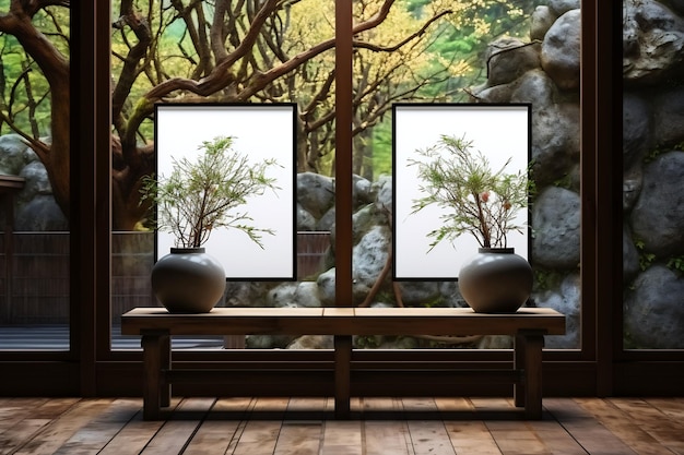 Zwei Vasen sitzen auf einem Holztisch vor dem Bild Generative KI