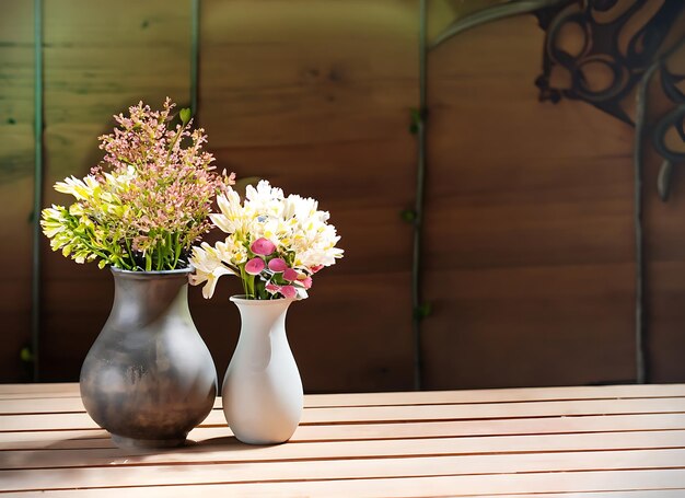 zwei Vassen mit Blumen sitzen auf einer Holzbühne