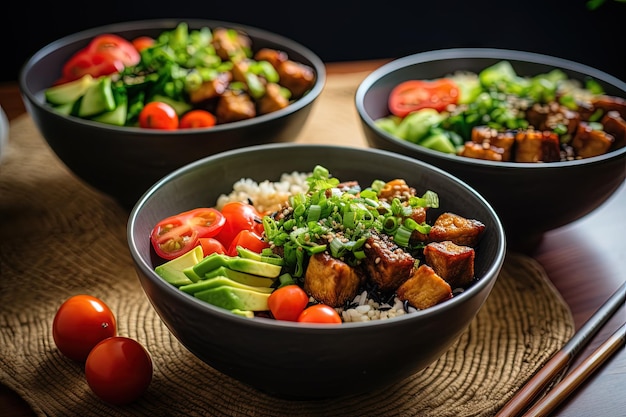 Zwei vegane Tempeh-Poke-Schalen, gefüllt mit Reis-Hoisin-gebackenem Tempeh und lebendigem Gemüse, einem nahrhaften und leckeren Gericht