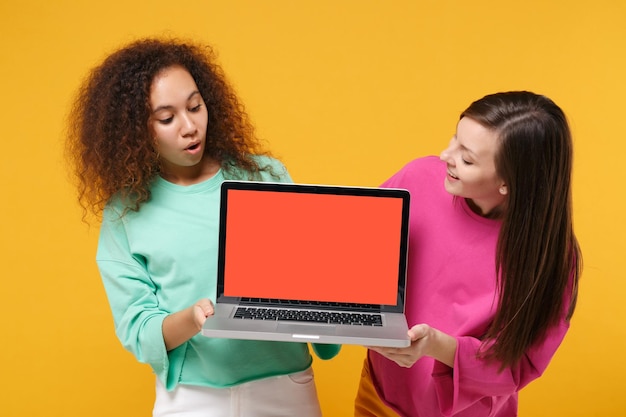 Zwei verblüffte europäische afrikanerinnen in rosa grüner kleidung posieren isoliert auf gelbem hintergrund. People-Lifestyle-Konzept. Mock-up-Kopienbereich. Holding-Laptop-PC-Computer mit leerem leerem Bildschirm.