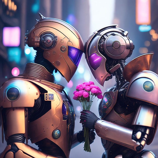 Zwei verliebte Roboter sehen sich an und schenken Blumen