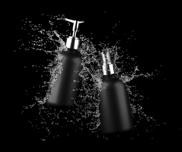 Zwei verschiedene kosmetische Plastikflaschen im Wasserspritzen lokalisiert auf schwarzem Hintergrund 3D übertragen Haar a