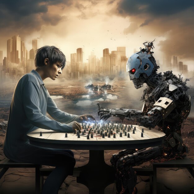 Zwei verschiedene Roboter und Menschen in einem Armwrestling-Duell realistischer Rendering Robotic Arm Wrestling Generative AI-Technologie
