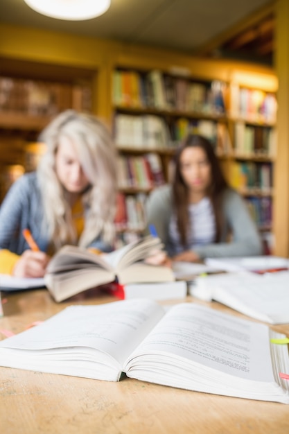 Zwei verwischte Studenten, die Anmerkungen am Bibliotheksschreibtisch schreiben