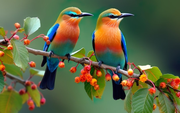 Zwei Vögel auf einem Ast mit orangefarbenen Blüten