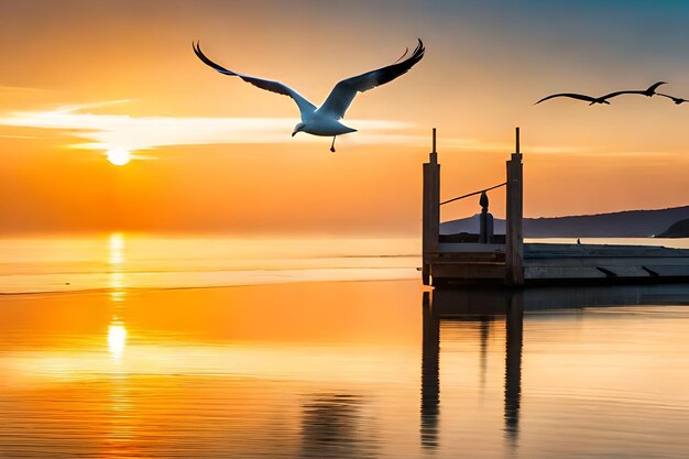 Zwei Vögel fliegen über einen Pier mit einem Sonnenuntergang im Hintergrund.