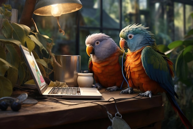 Zwei Vögel sitzen auf dem Laptop und umgeben generative KI