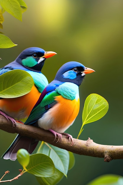 Zwei Vögel sitzen auf einem Ast mit grünem Blatt