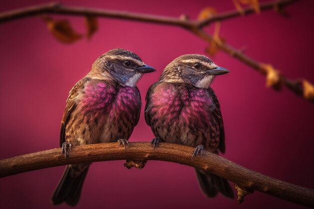 Zwei Vögel sitzen auf einem Ast mit rosa Hintergrund.