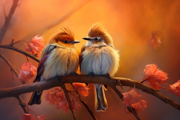 Zwei Vögel sitzen zusammen auf einem Zweig
