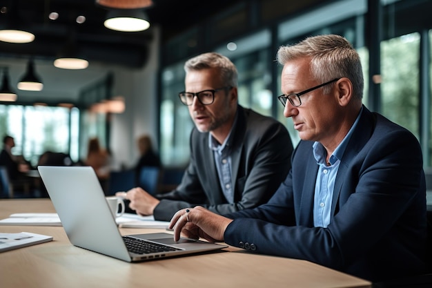 Zwei Vorstandskollegen mittleren Alters diskutieren bei einer Unternehmenssitzung über die digitale Strategie