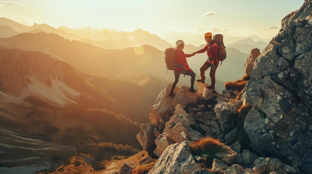 Zwei Wanderer erreichen den Gipfel eines Berges und feiern ihren Erfolg