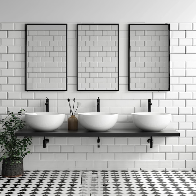 Zwei Waschbecken in einem Badezimmer mit schwarzen und weißen Fliesen