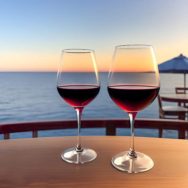 Zwei Weingläser stehen auf einem Tisch mit Blick auf das Meer im Hintergrund. Sommer