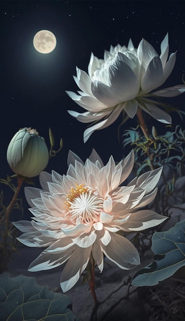 Zwei weiße Blumen mit einem Vollmond im Hintergrund, generative KI