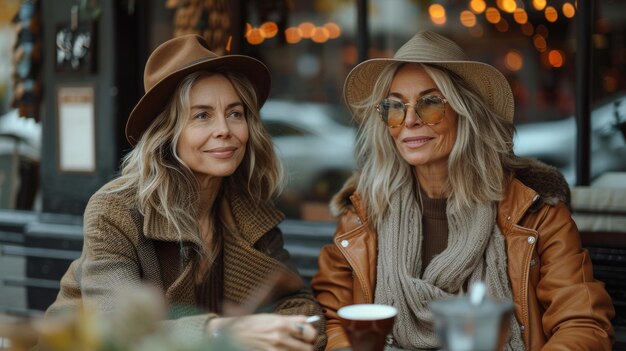 Zwei weiße Damen mittleren Alters sitzen am Tisch auf der Straße und plaudern und trinken Kaffee