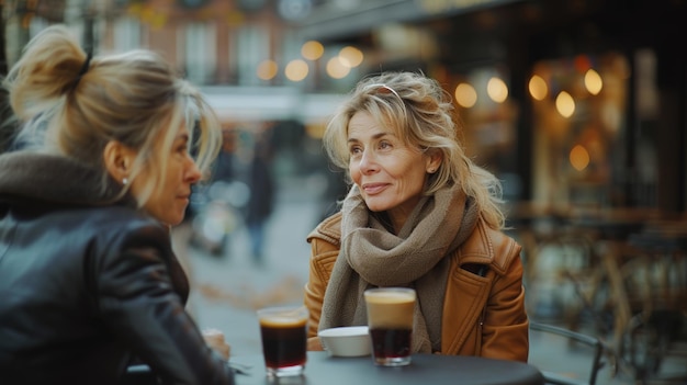 Zwei weiße Damen mittleren Alters sitzen am Tisch auf der Straße und plaudern und trinken Kaffee