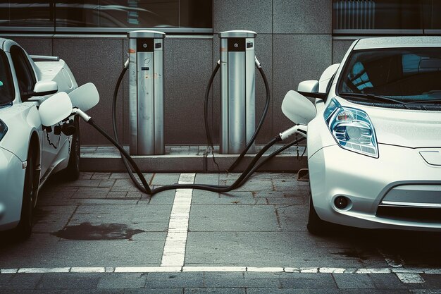 Foto zwei weiße elektrofahrzeuge, die an einer modernen außenstation geladen werden