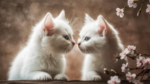Zwei weiße Kätzchen mit Kirschblüten auf braunem Hintergrund. Generative KI