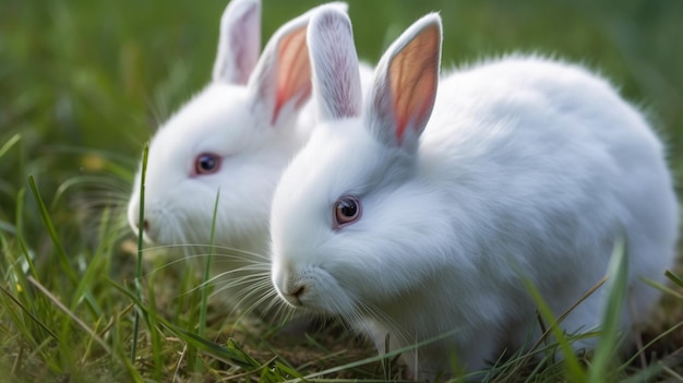 Zwei weiße Kaninchen im Gras