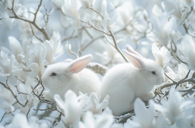 Zwei weiße Kaninchen unter Magnolienblüten