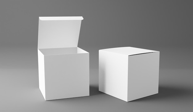 Zwei weiße Kasten-Mockup isoliert auf grauem Hintergrund 3D-Rendering