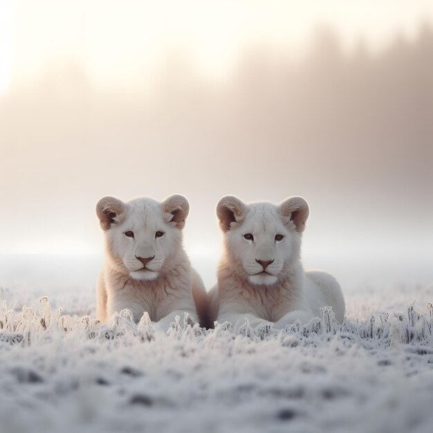 Zwei weiße Löwen liegen an einem sonnigen Wintermorgen auf dem schneebedeckten Feld im Nebel