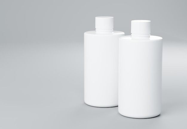 Zwei weiße Plastikshampooflaschen, die auf grauem Hintergrund stehen, rendern Geschäftsvorlage