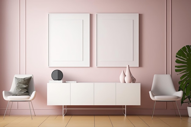 Zwei weiße quadratische Rahmen hängen an einer rosa Wand neben einem Sideboard und einem leeren Stuhl