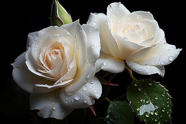 zwei weiße Rosen mit Taustropfen auf Blütenblättern