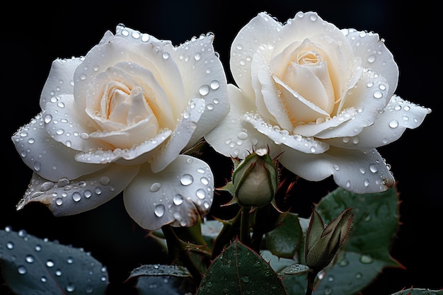 zwei weiße Rosen mit Taustropfen auf Blütenblättern