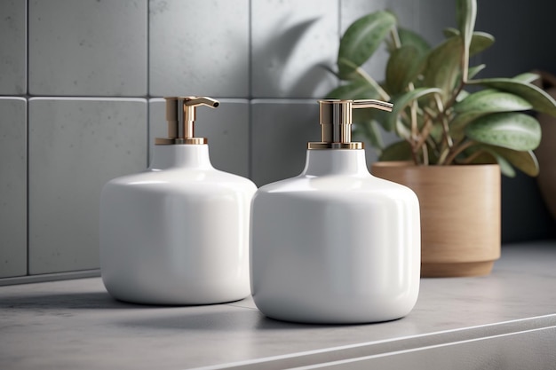 Zwei weiße Seifenflaschen aus Keramik auf einer Arbeitsplatte mit einer Pflanze im Hintergrund.