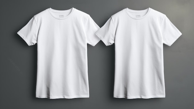 Foto zwei weiße t-shirts mit dem wort t-shirts auf grauem hintergrund.