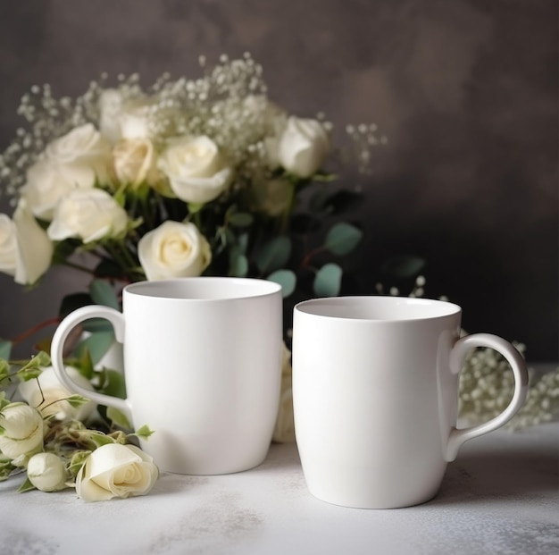 Zwei weiße Tassen mit einem Rosenstrauß dahinter.