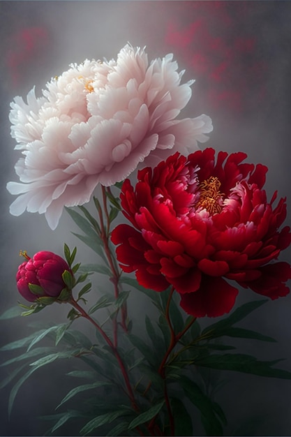 Zwei weiße und rote Blumen in einer generativen Vase